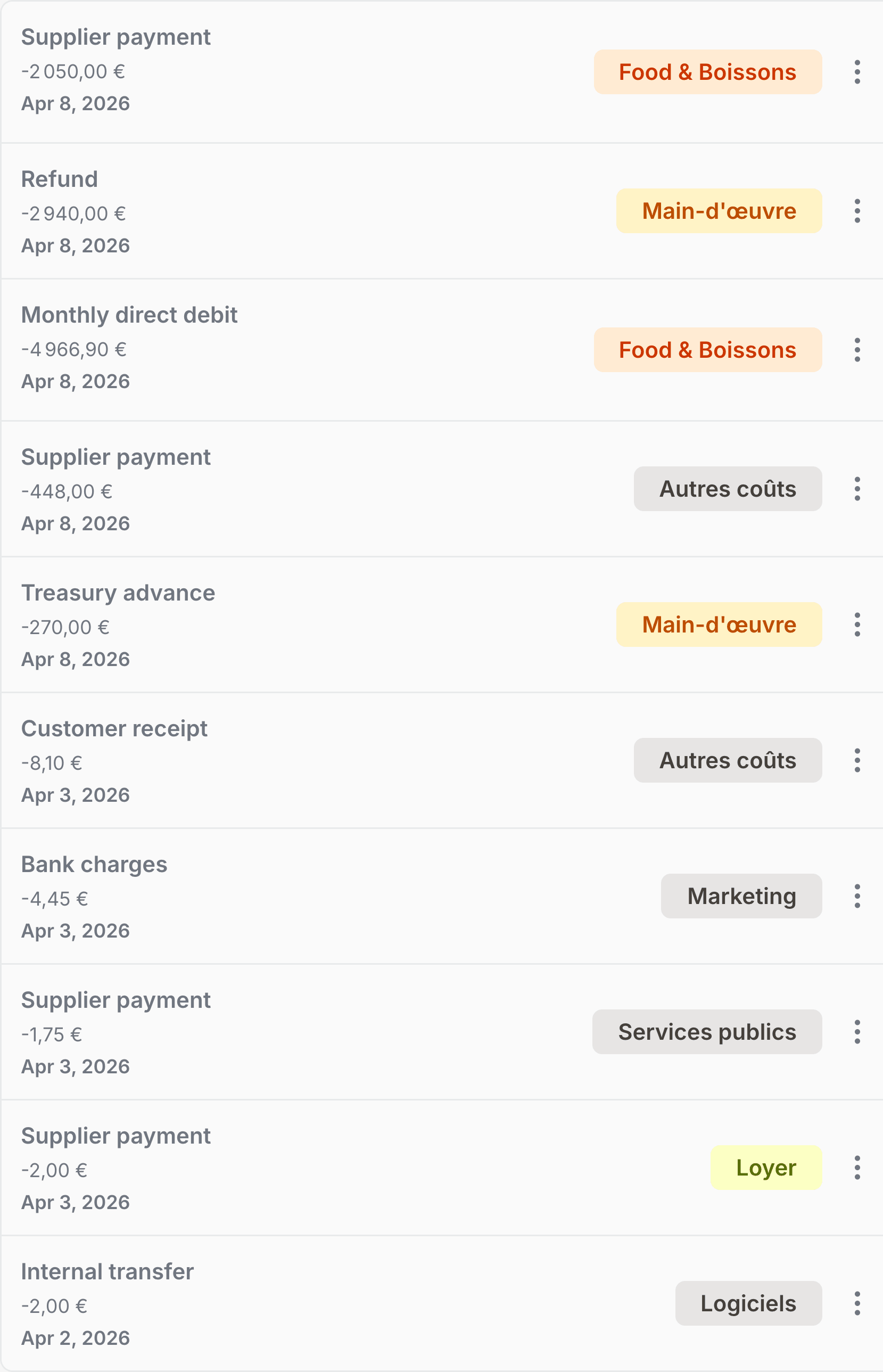 Liste de transactions bancaires avec catégories auto-classées (Ventes, Coût matière, Personnel) et lignes non classées mises en évidence pour un classement en une touche.